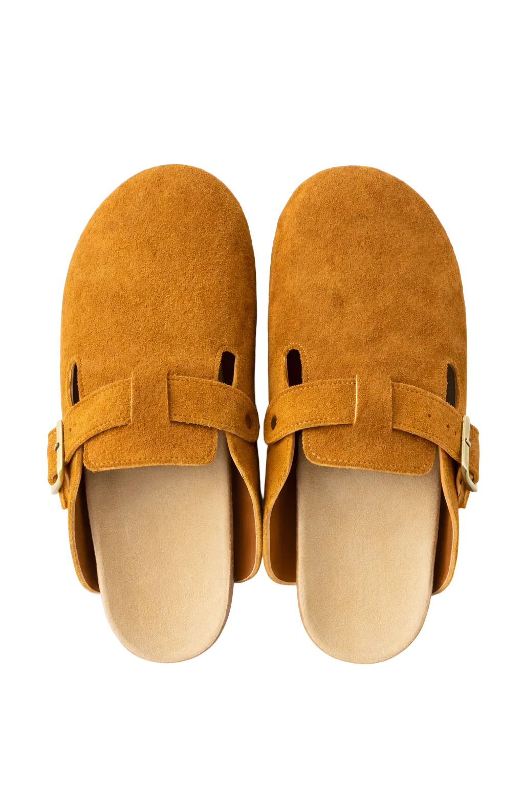 Pair of mustard yellow suede slippers with buckle straps on a light gray background