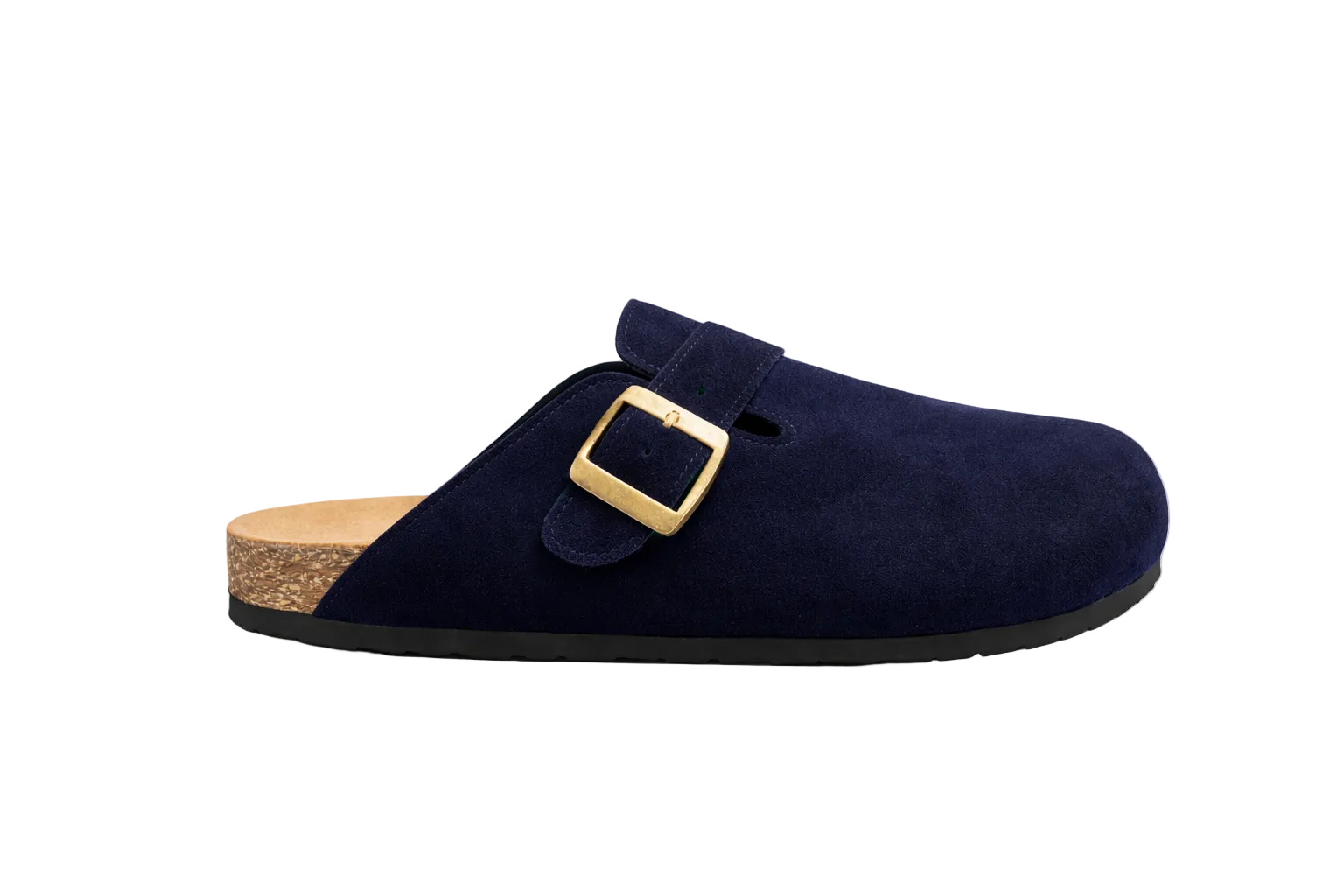 Navy blue clog shoe with a gold buckle on a white background