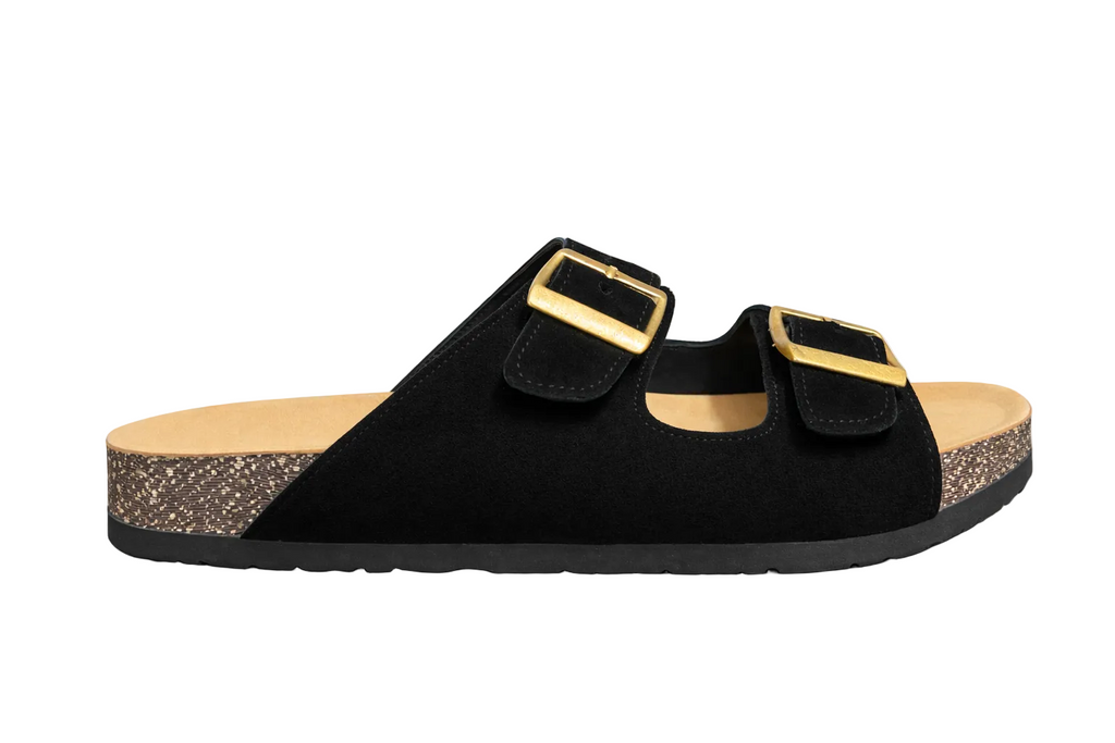 Black sandal with gold buckles on a white background