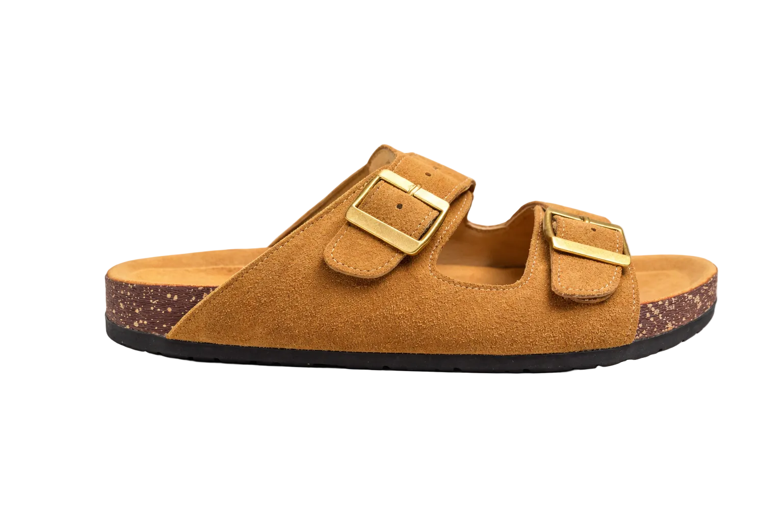 Brown sandal with gold buckle on a white background