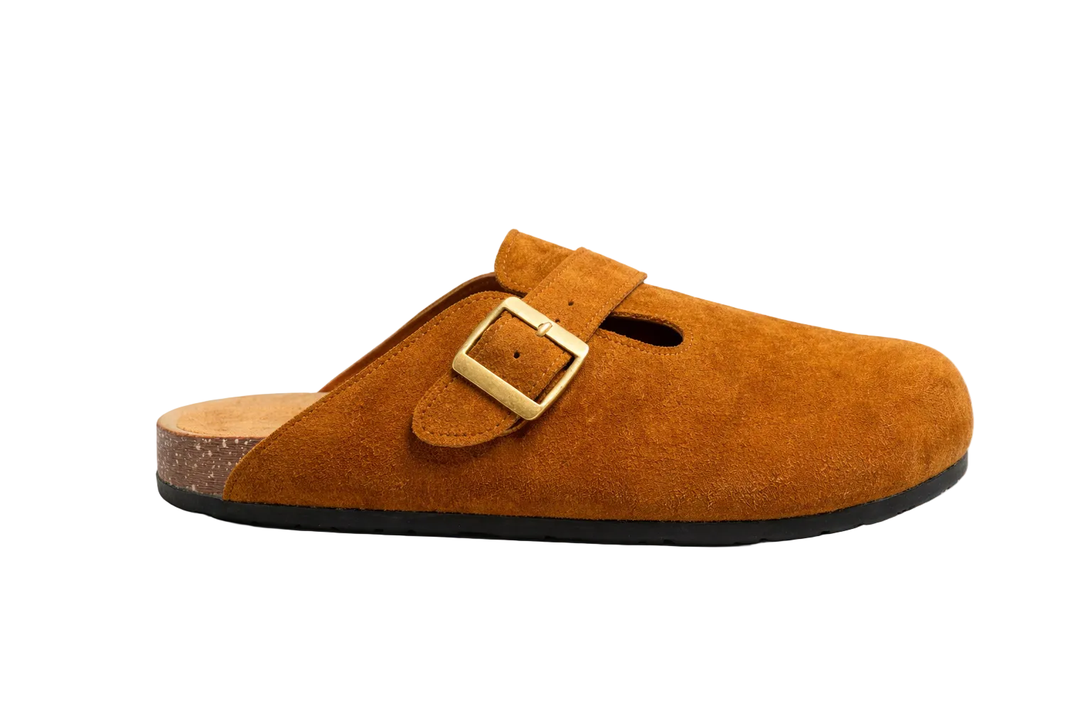 Brown suede clog shoe with a gold buckle on a white background
