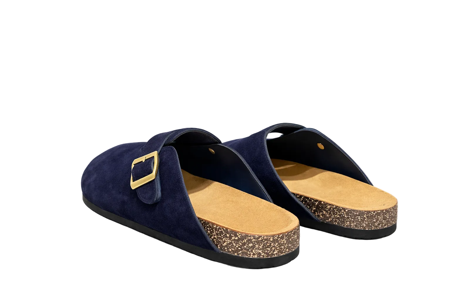 Navy blue sandals with cork sole on a white background