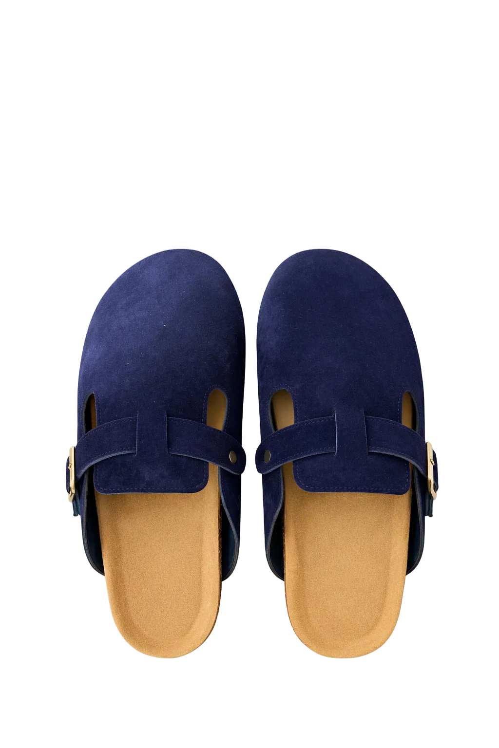 Pair of navy blue clogs with tan soles on a white background