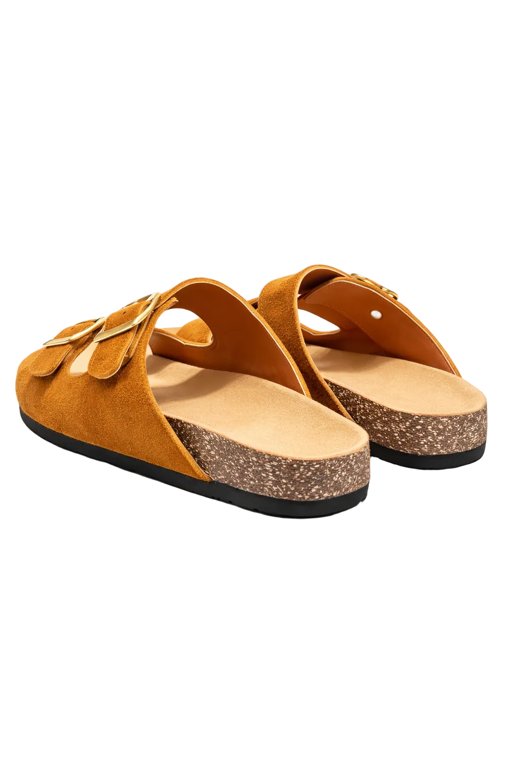 Pair of mustard yellow sandals with cork sole on a white background