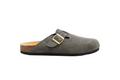 Gray suede clog with a gold buckle on a white background