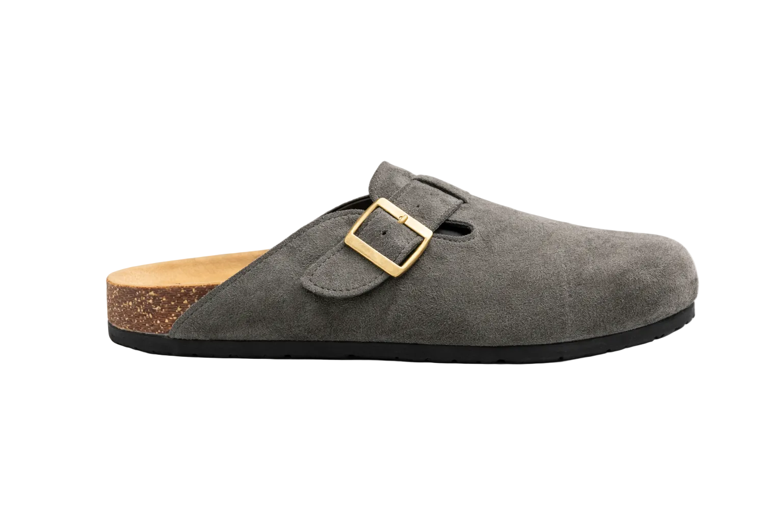 Gray suede clog with a gold buckle on a white background