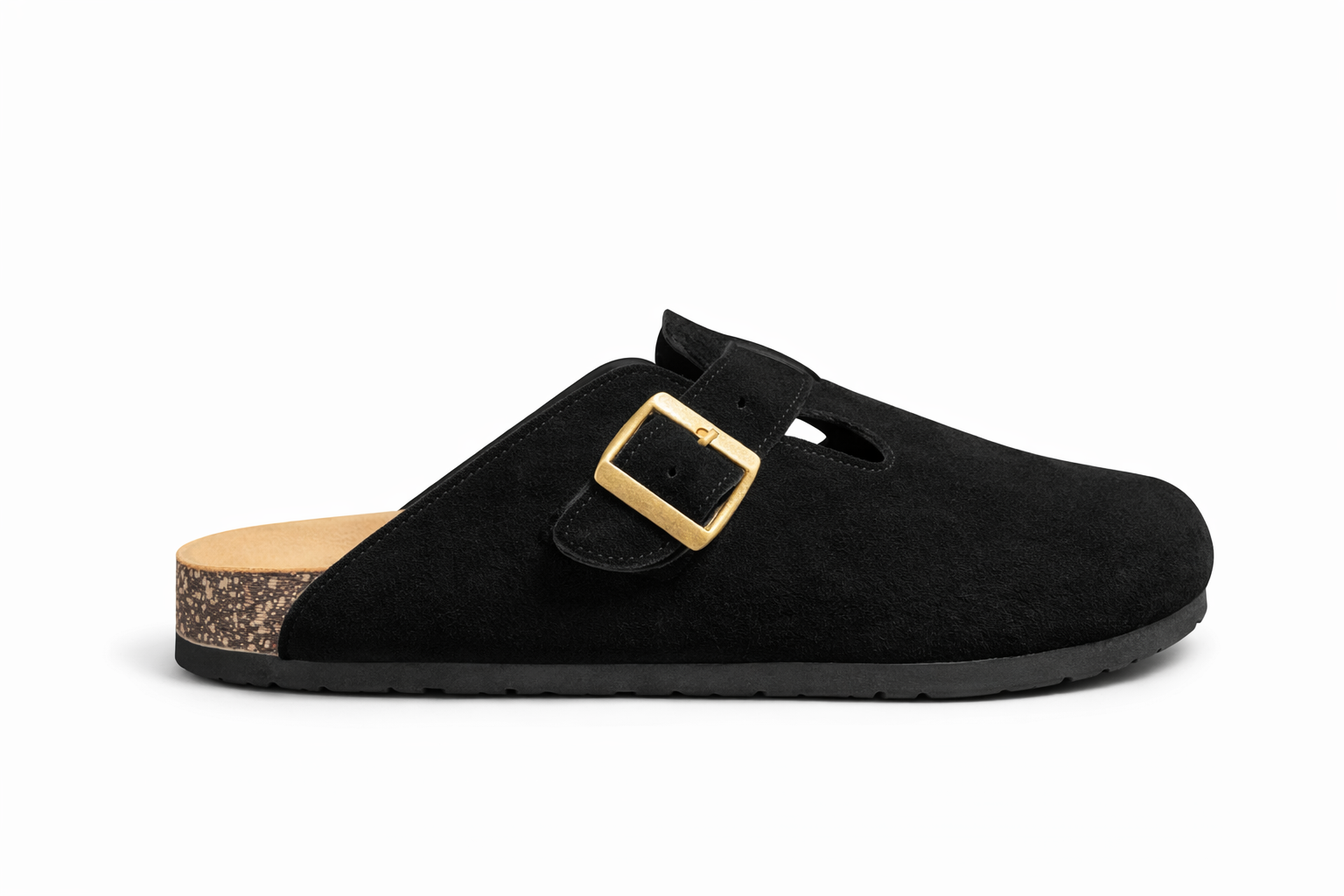 Black clog shoe with a gold buckle on a white background
